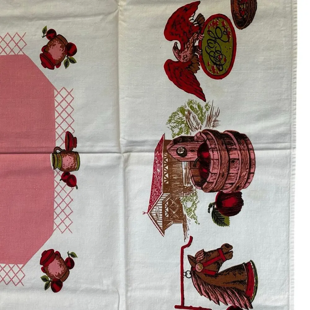 Vintage printed cotton tablecloth white pink red farmhouse colonial Americana